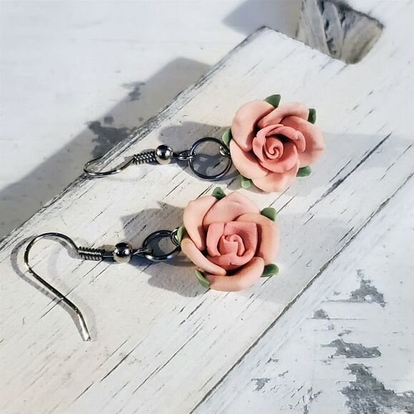 Handcrafted Fimo Polymer Clay Pink Rose Flower Bead Dangle Earrings - Picture 2 of 6